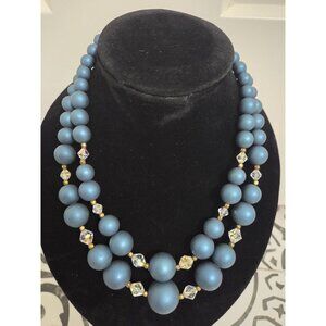 Vtg Estate Double Strand Graduated Faux Blue Pearl Necklace Ornate Clasp